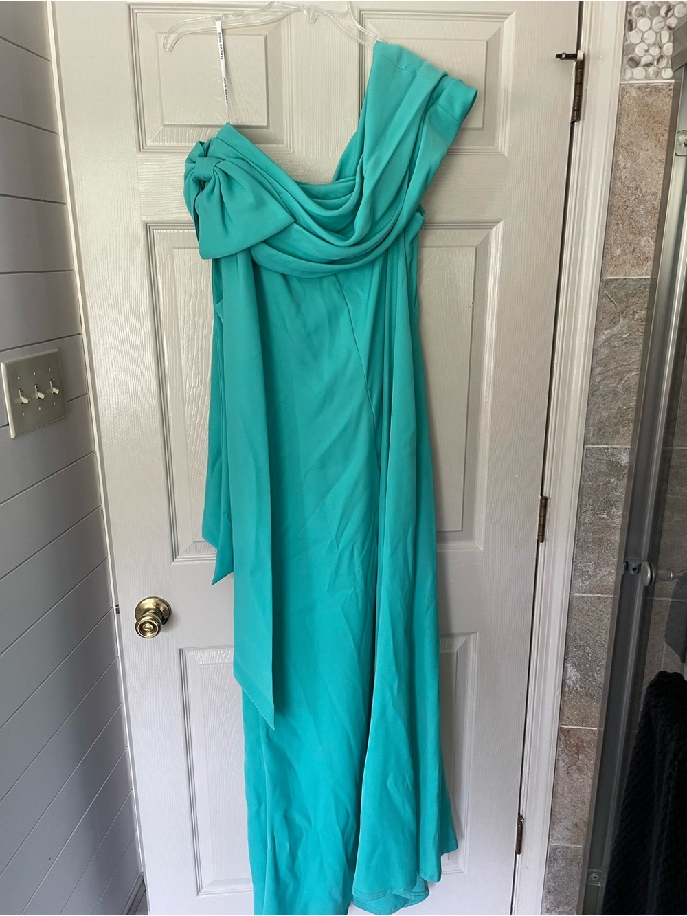 Tadashi Shoji Teal One-Shoulder Maxi Gown with Draped Knot - Picture 4 of 7